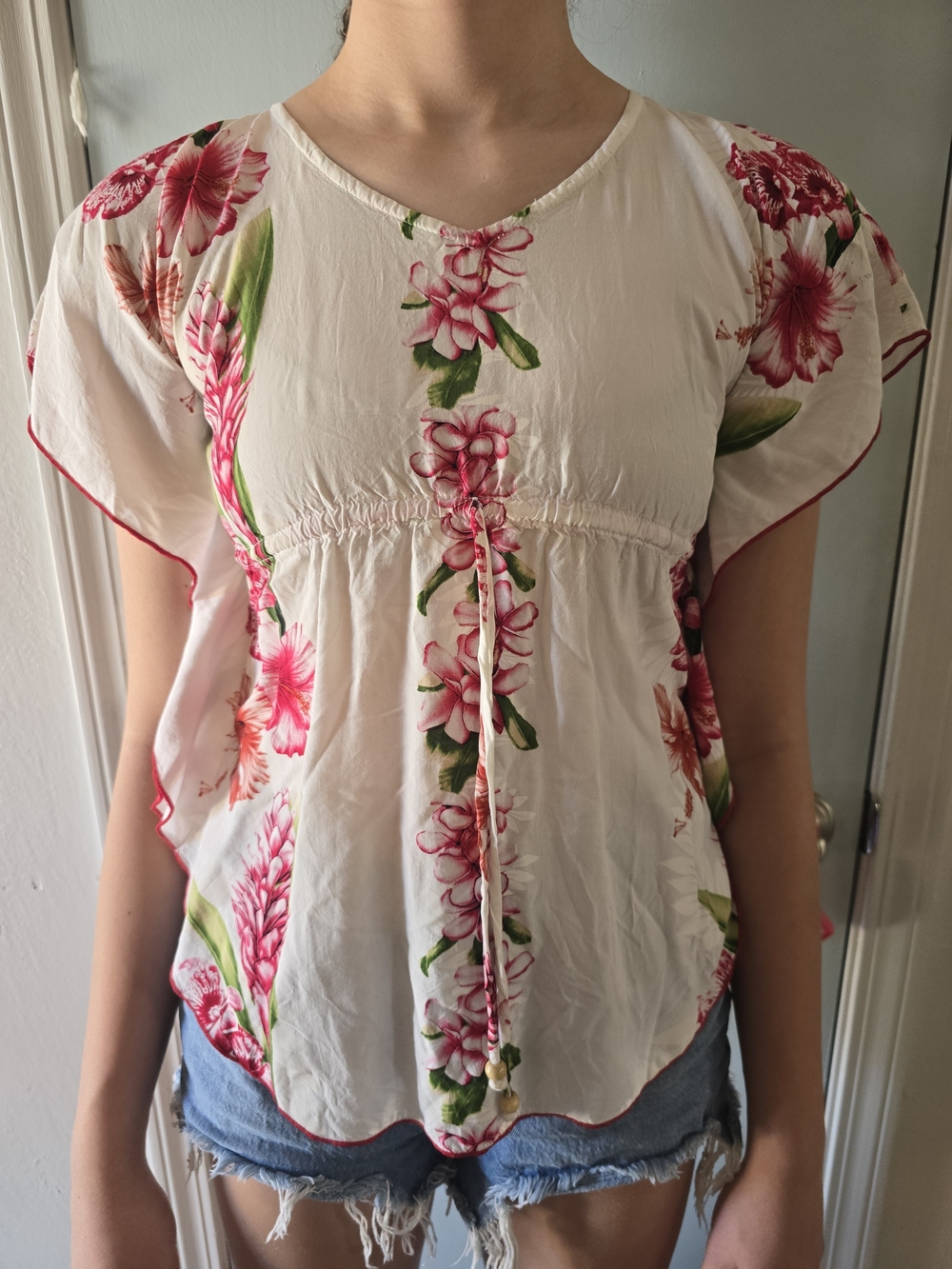 Floral Tie-Front Women’s Top - Pink on White